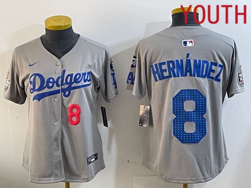Youth Los Angeles Dodgers #8 Hernandez Grey Game 2024 Nike MLB Jersey style 12054